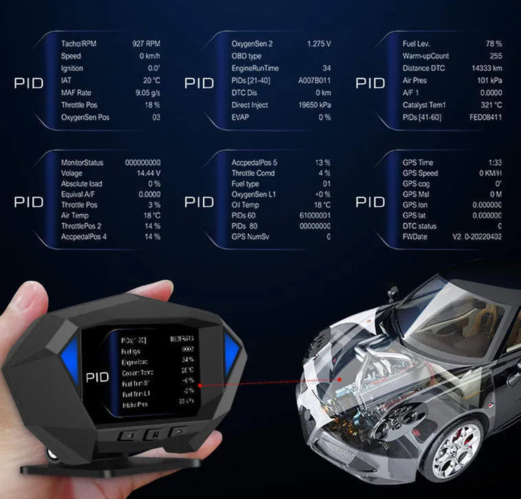 Black car head-up display unit on a dashboard with OBD cable and anti-slip pad.