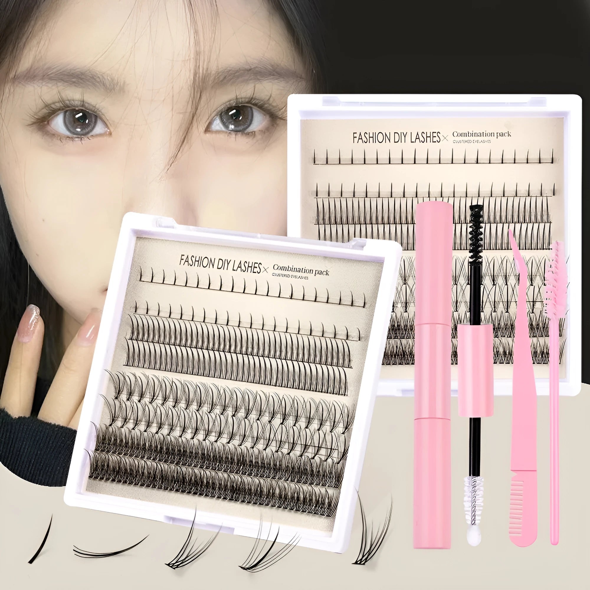 False eyelash glue suit with single-cluster segmented lashes, adhesive, tweezers, and brush for DIY application
