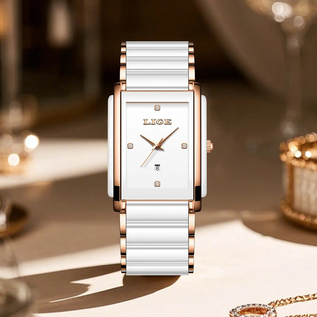 Fashion ceramic stainless steel couple quartz watch in rose gold black with antique style