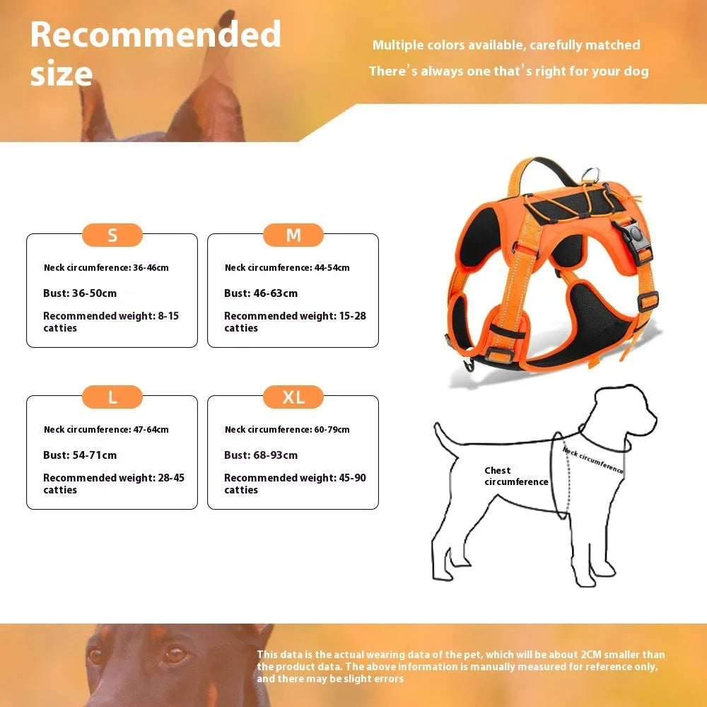 Orange reflective dog harness with explosion-proof design and a black hand-holding rope attached.
