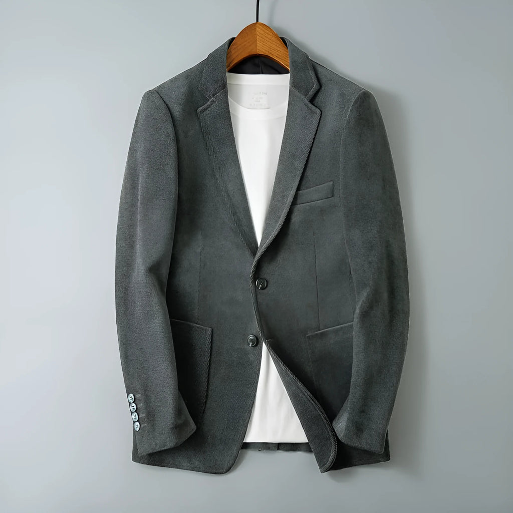 Slim-fit single-breasted Korean style jacket in khaki with straight hem and long sleeves on a hanger