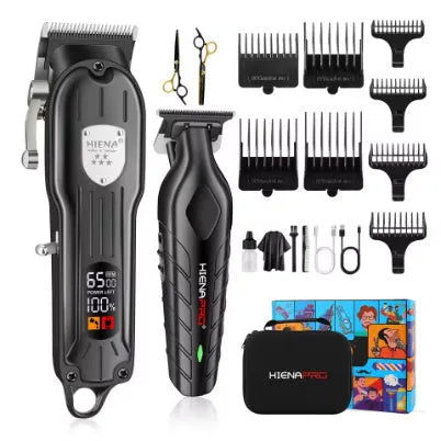Black professional hair clipper set for men with LED display and aluminium foil shaver