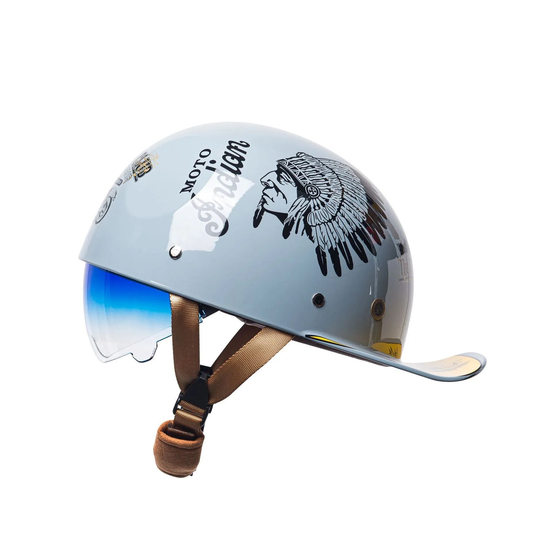 Men's bright black retro half helmet for electric bicycles with a gradient blue visor lens.