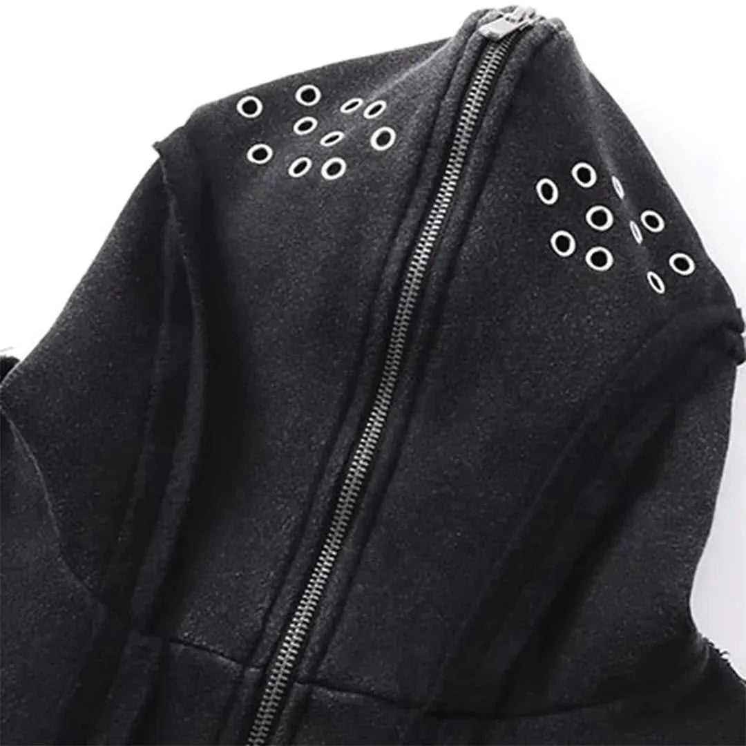 Men's black loose-fit retro cotton zip hooded coat with abstract pattern