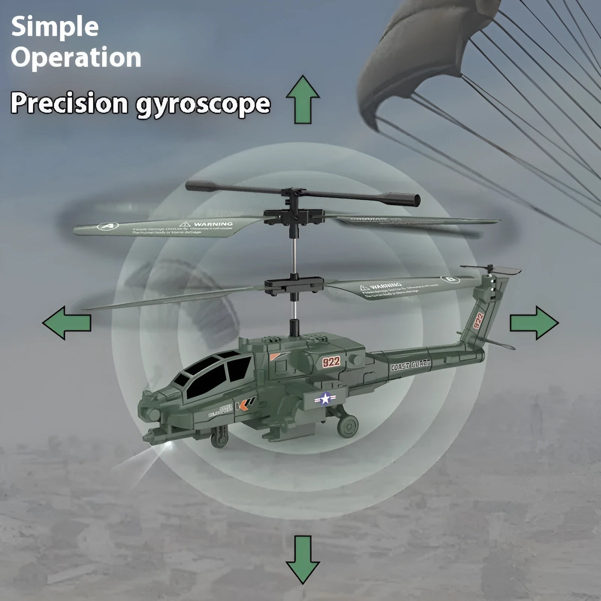 Army green Apache remote control helicopter with gyroscope, anti-fall design, cool light, plastic body, under 30cm