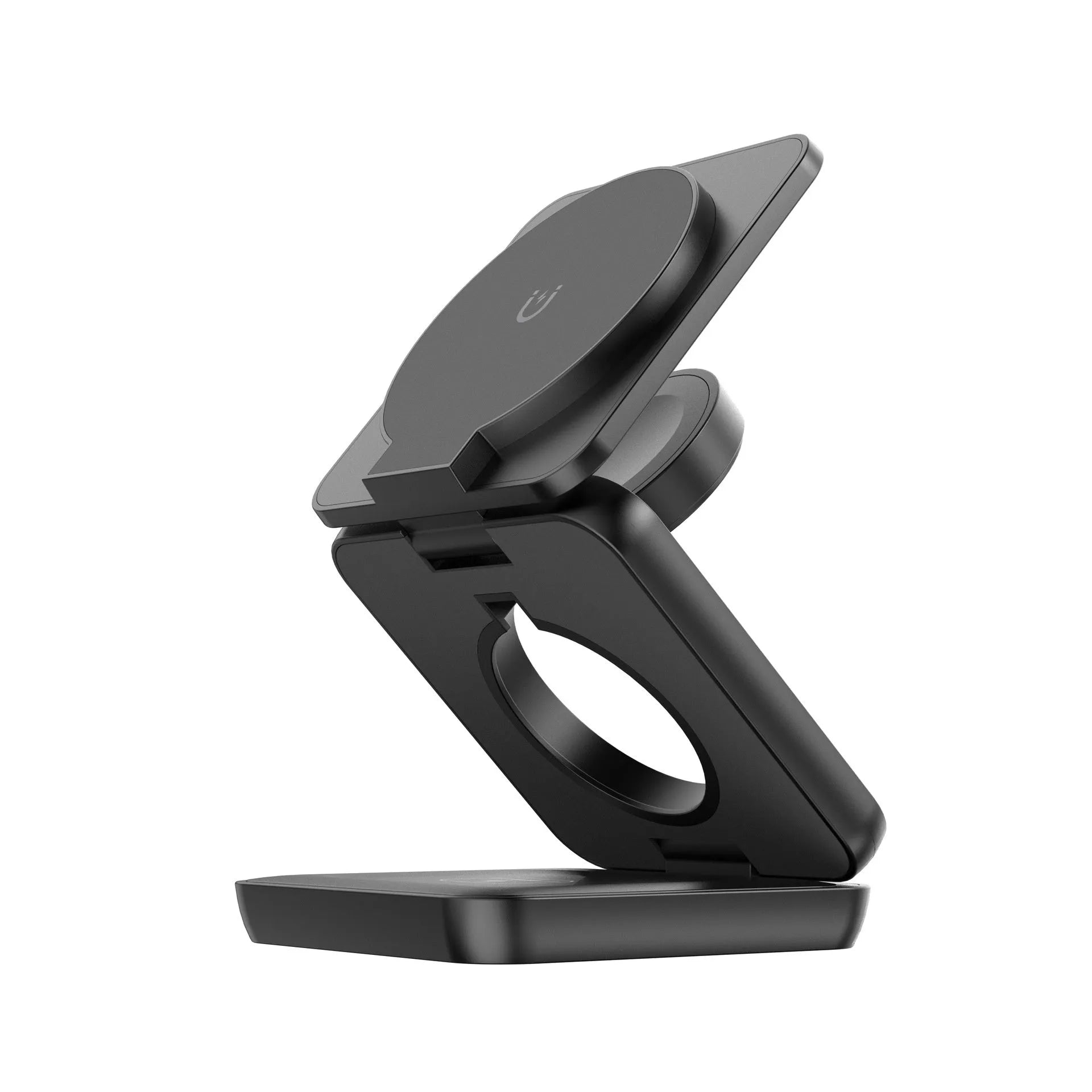 Black foldable magnetic wireless phone charging holder showing stand and compact size.