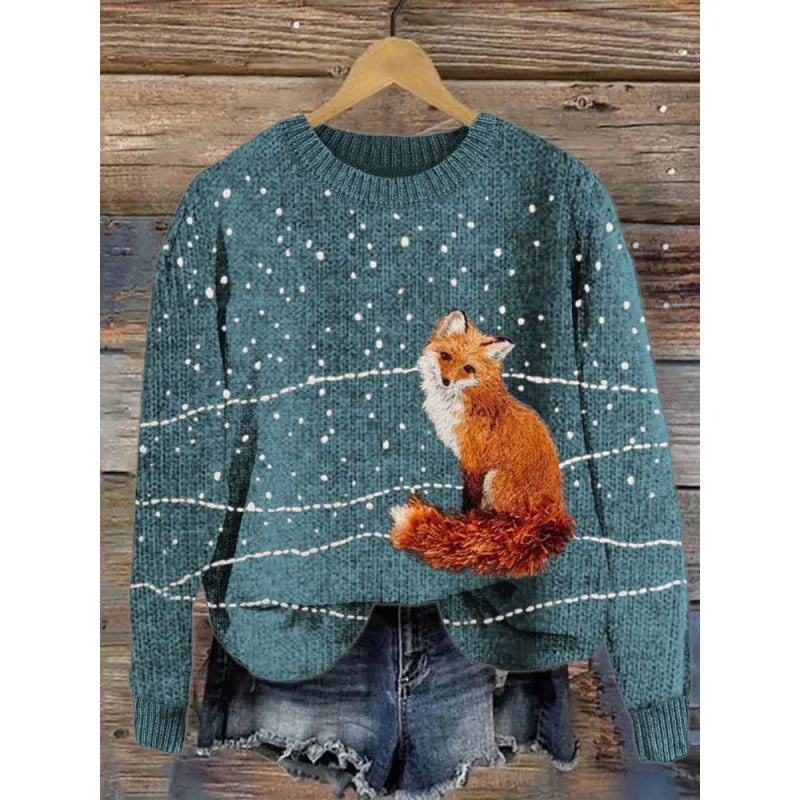 Women's little flower digital printed round neck long sleeve knitted sweater on a hanger.