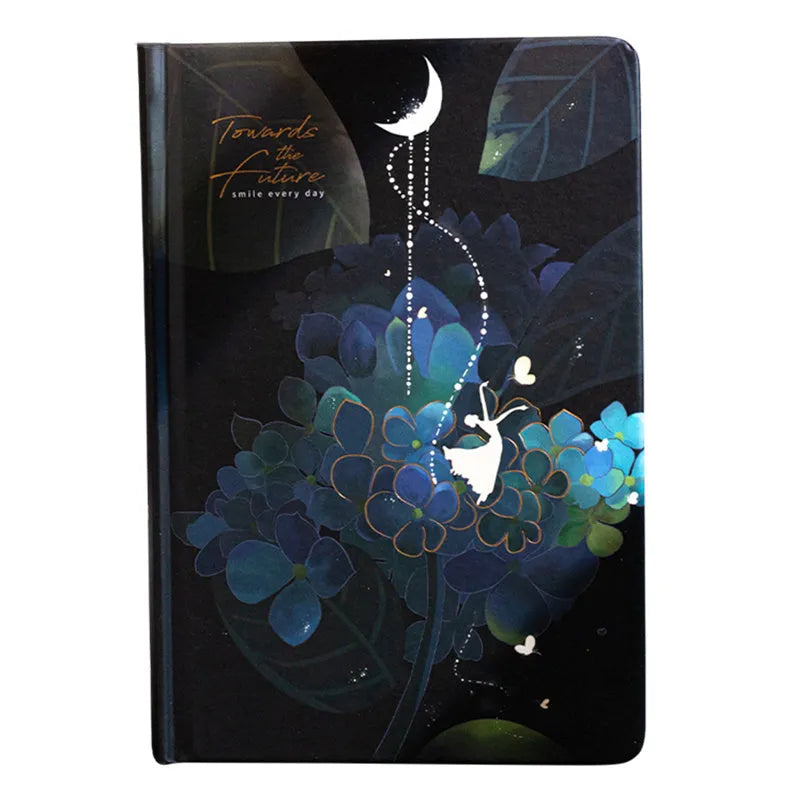 A5 notebook with luminous reflective cover open to show pages with colourful illustrated backgrounds.
