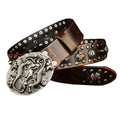 Men's black genuine leather belt with punk rivet detailing and a silver alloy smooth buckle.