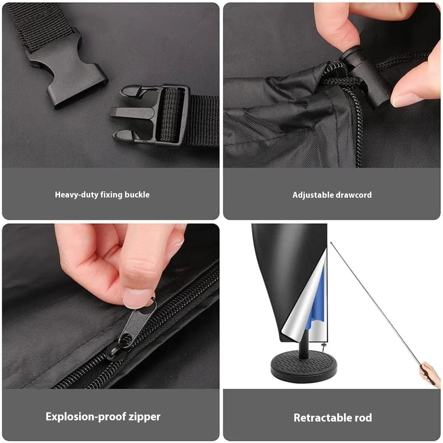 Waterproof outdoor umbrella cover in oxford cloth showing black and grey colour options