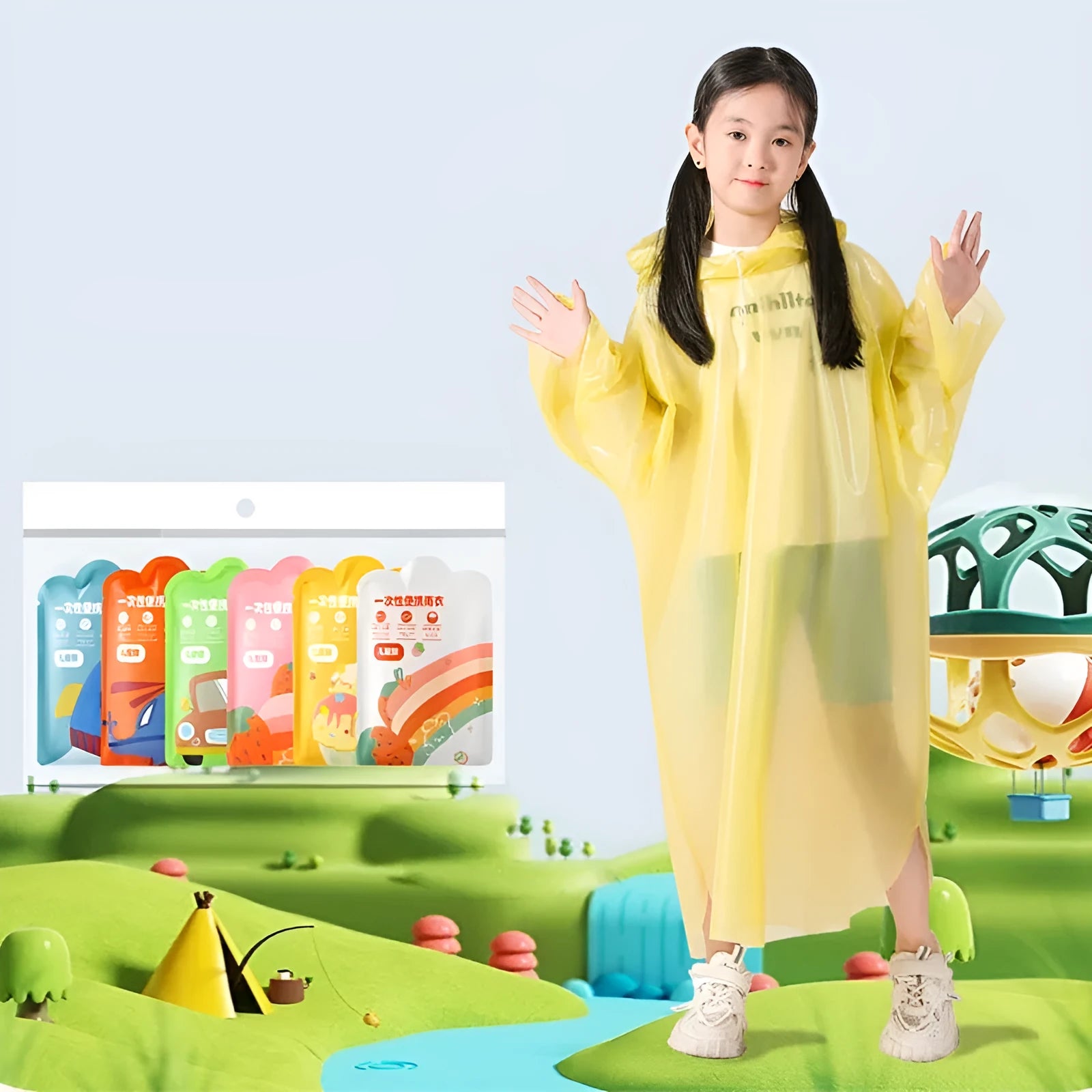 Disposable children's raincoat poncho in blue, yellow, orange, pink, green, and white colours, packaged size 13x9cm.
