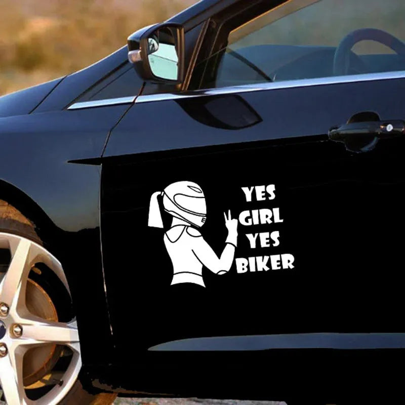 Cool girl rider character car sticker in waterproof PET material, 16cm by 15cm