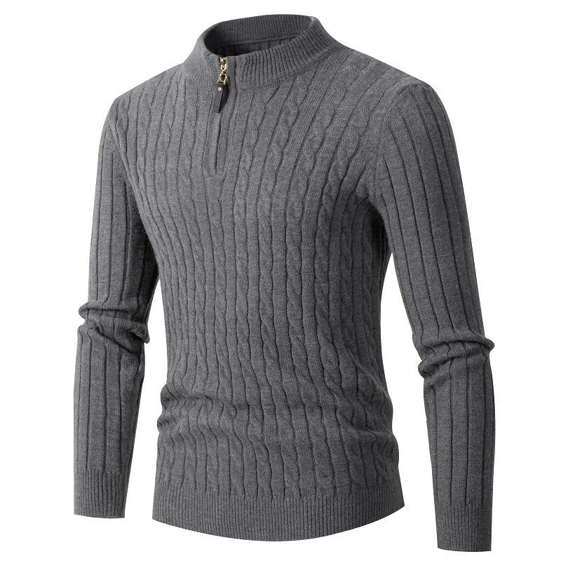 Men's thick twist jacquard sweater with half-zip high collar in grey, cotton blend and rabbit fur, long sleeve winter pullover