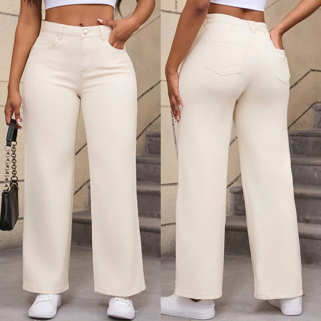 Women's straight leg wide leg jeans in apricot and khaki colours with high waist design