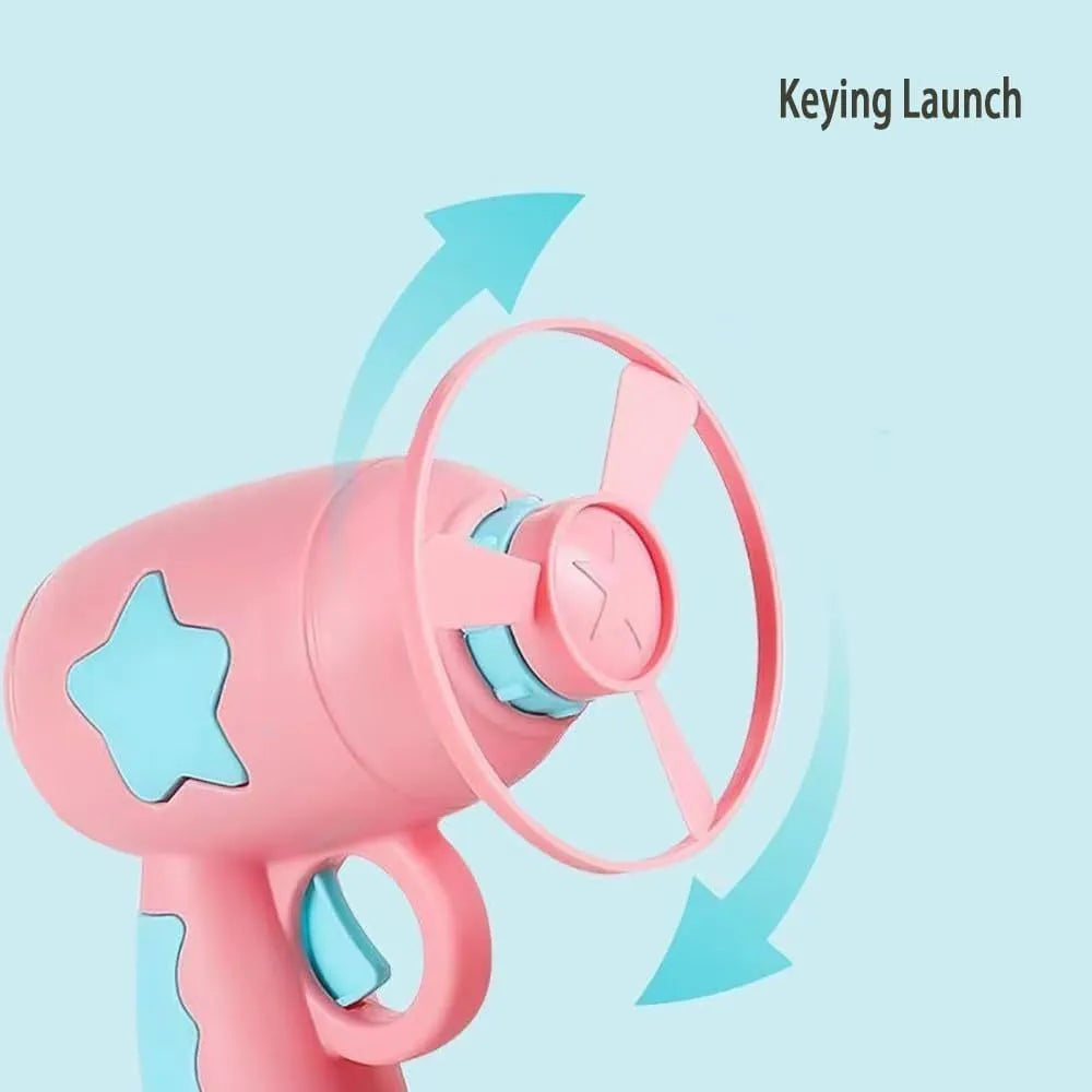 Blue plastic cat toy gun with spinning Frisbee launcher for indoor cats