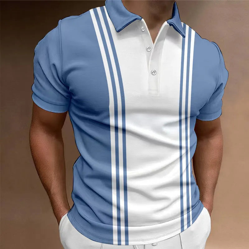 Loose fit casual men's t-shirt with 3-button printing lapel and short sleeves in polyester fabric
