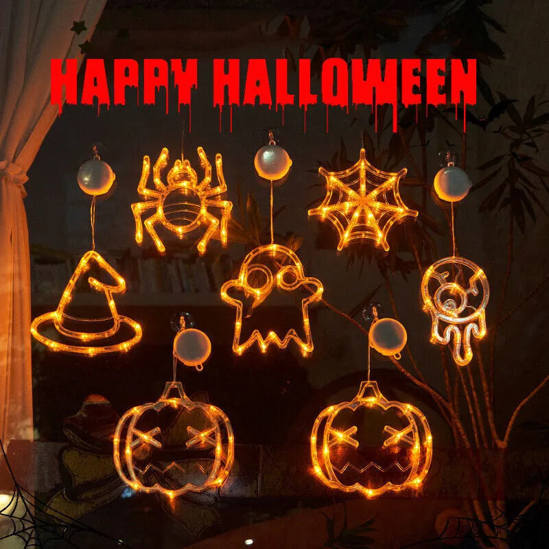 Halloween window hanging LED lights with spider, pumpkin, and ghost designs for holiday decoration
