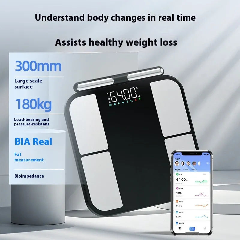 Black electronic bathroom scale with 30x30cm tempered glass platform and colour screen display