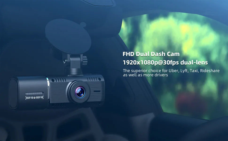 Black dual-channel dash cam with 1.5-inch screen mounted on car windscreen, showing front and rear view.