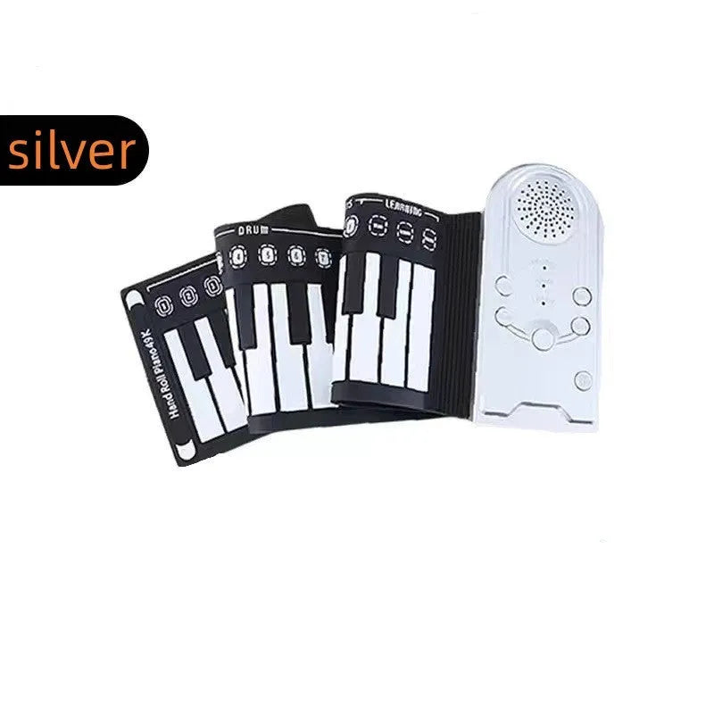 Pearlescent white roll-up silicone electronic keyboard next to its compact 28cm carrying case