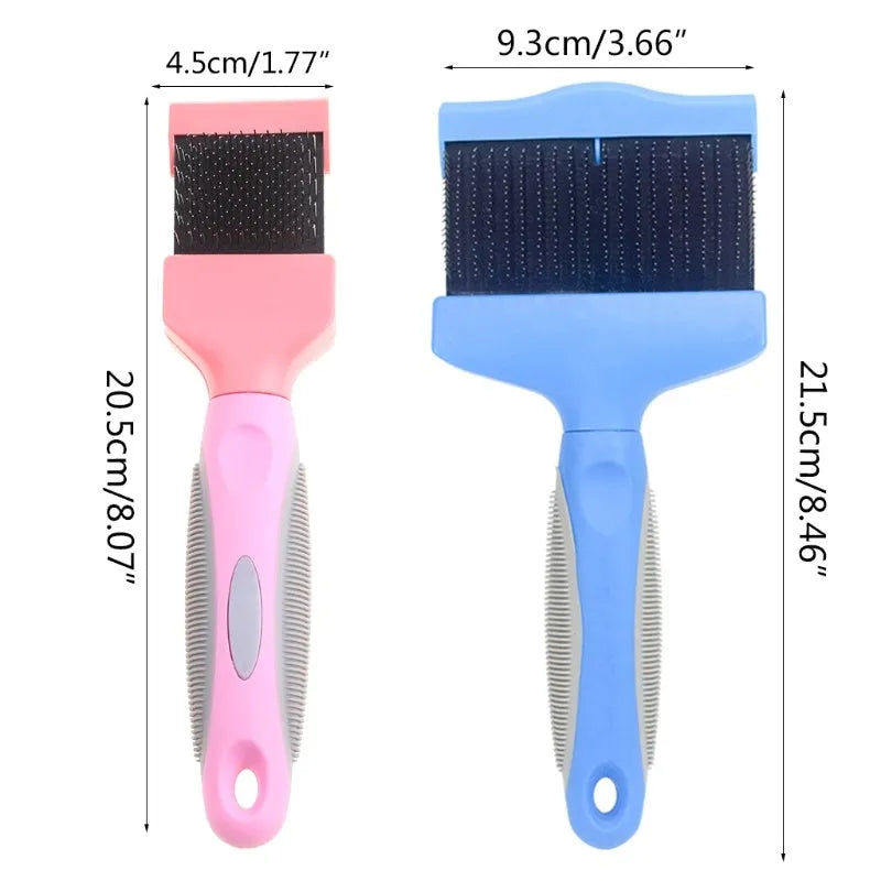 Blue double-sided pet brush with stainless steel pins on one side and soft bristles on the other, showing ergonomic handle.