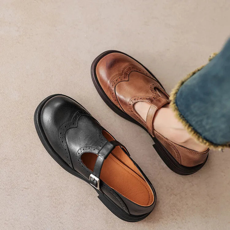 Women's brown sheepskin leather flat shoes with round toe design showing UK size label