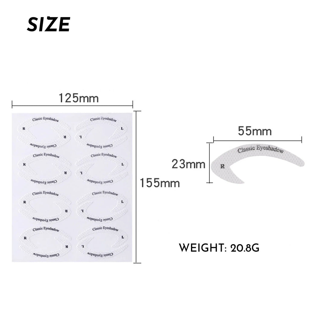 Set of four clear, flexible eyeliner and eyeshadow stencil stickers on a pink background.