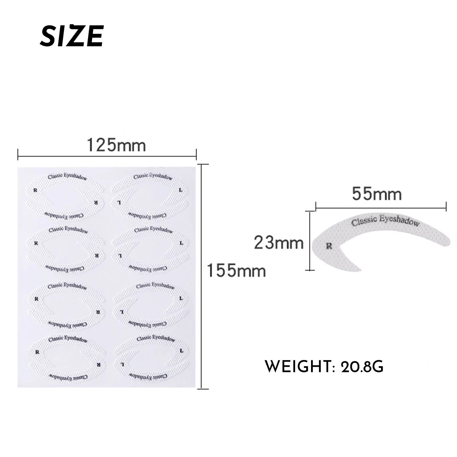 Set of four clear, flexible eyeliner and eyeshadow stencil stickers on a pink background.