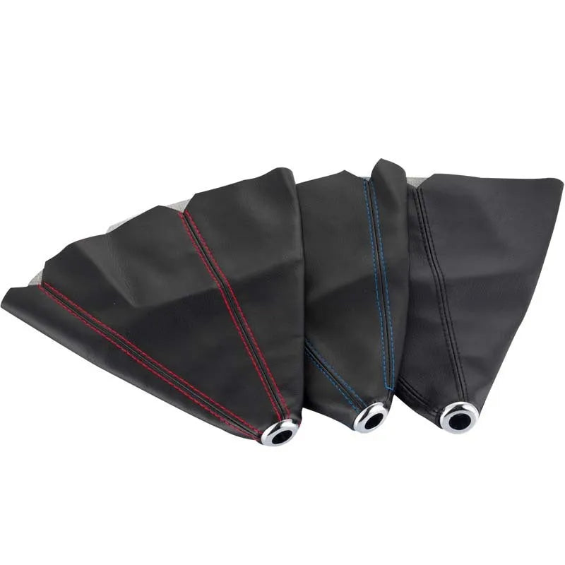 General Motors PU leather gear shift dust cover in black, red, and blue line colour options.