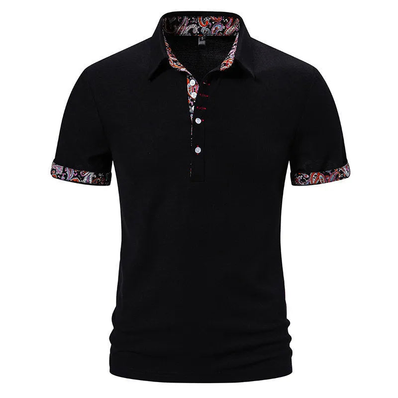 Men's navy blue polo shirt with white contrast stitching on the turnover neck and short sleeves.