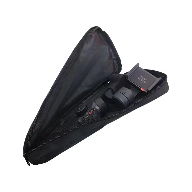 Black cloth storage bag with zip open, showing padded interior for a mobile phone gimbal.