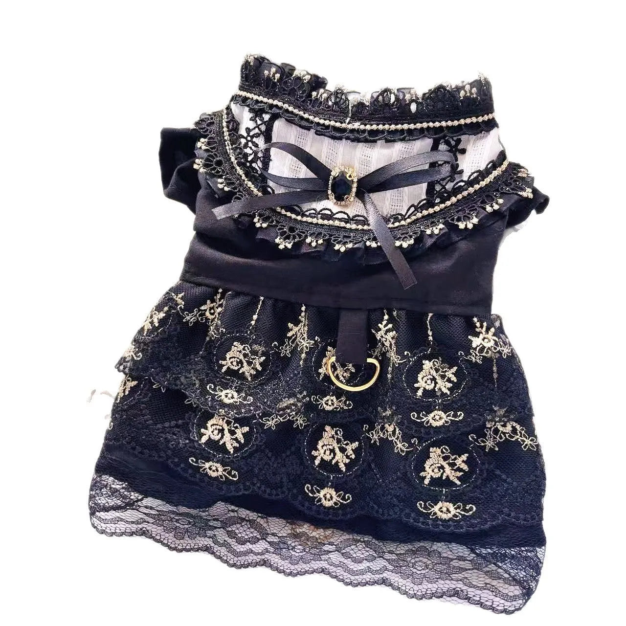 Golden gothic-style skirt for a small dog or cat on a mannequin, showing princess design.