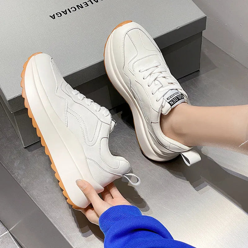 Women's white cowhide leather casual sports shoes with round toe, cross strap, and English muffin heel