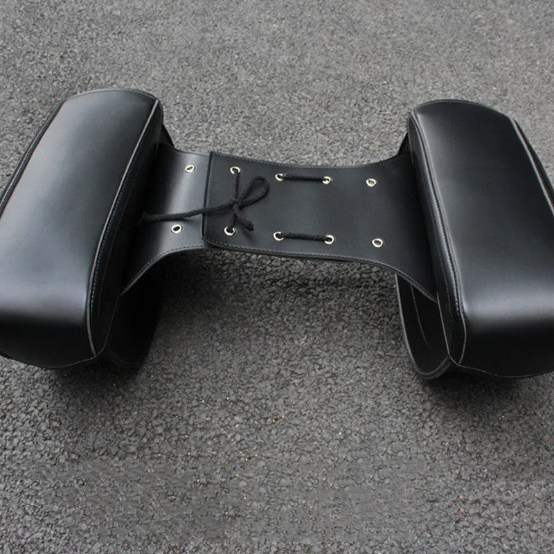 Black PU leather motorcycle saddle bag with retro design, shown mounted as a side box.