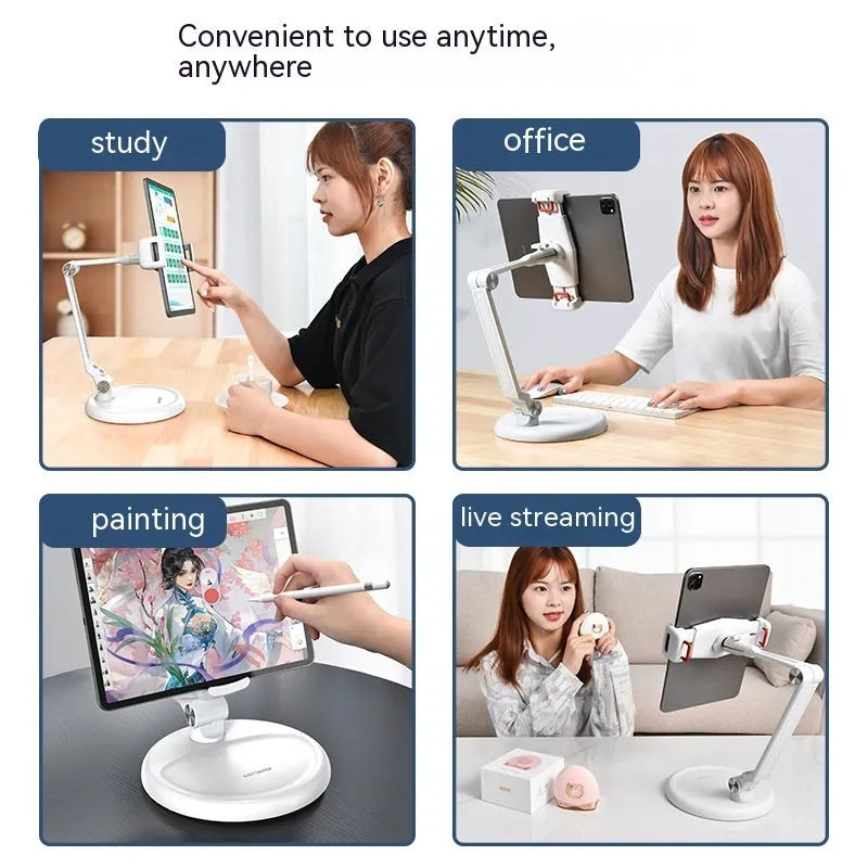 White foldable lifting desktop bracket for universal mobile phone and tablet support