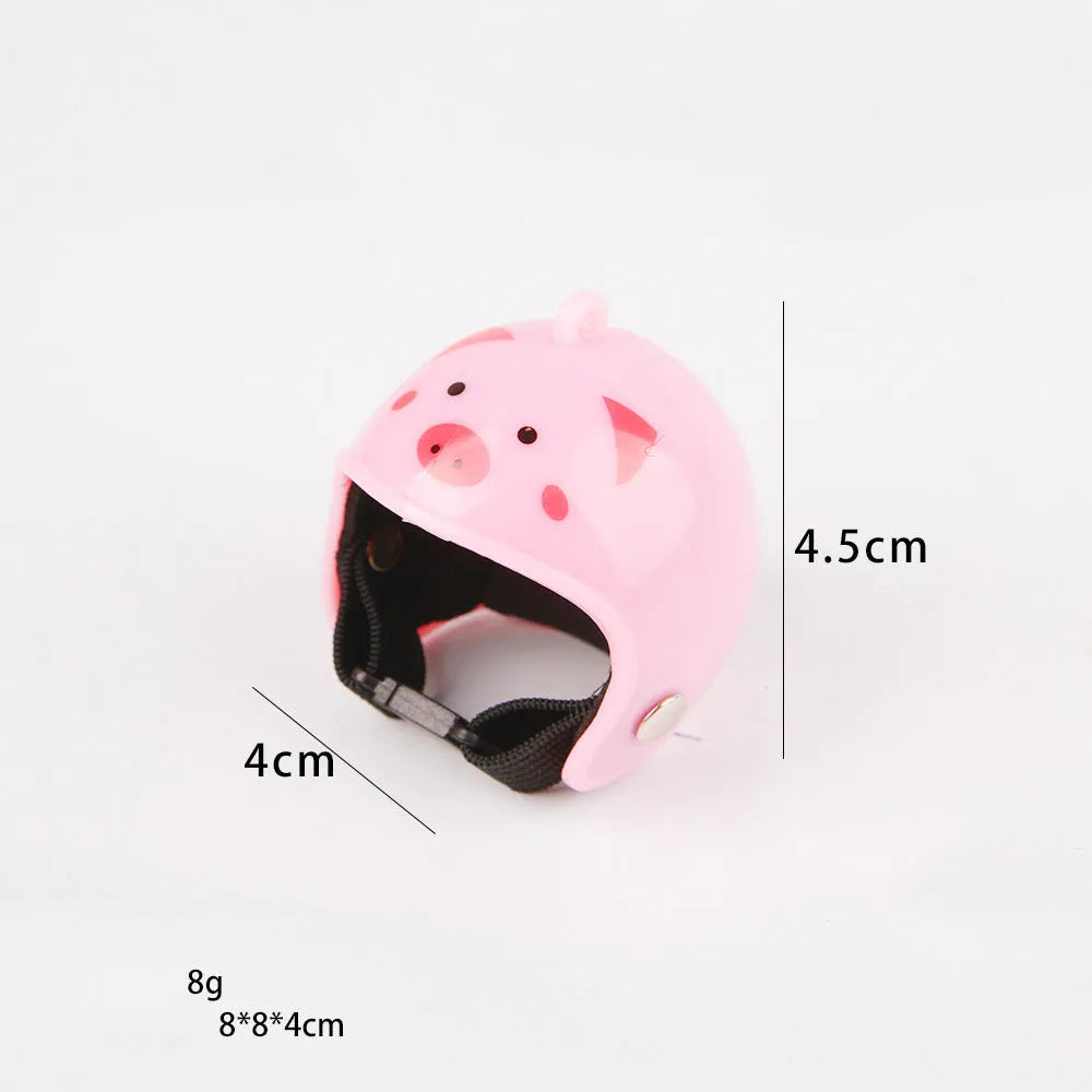 Small hard plastic pet helmet with elastic straps, shown on a chicken.