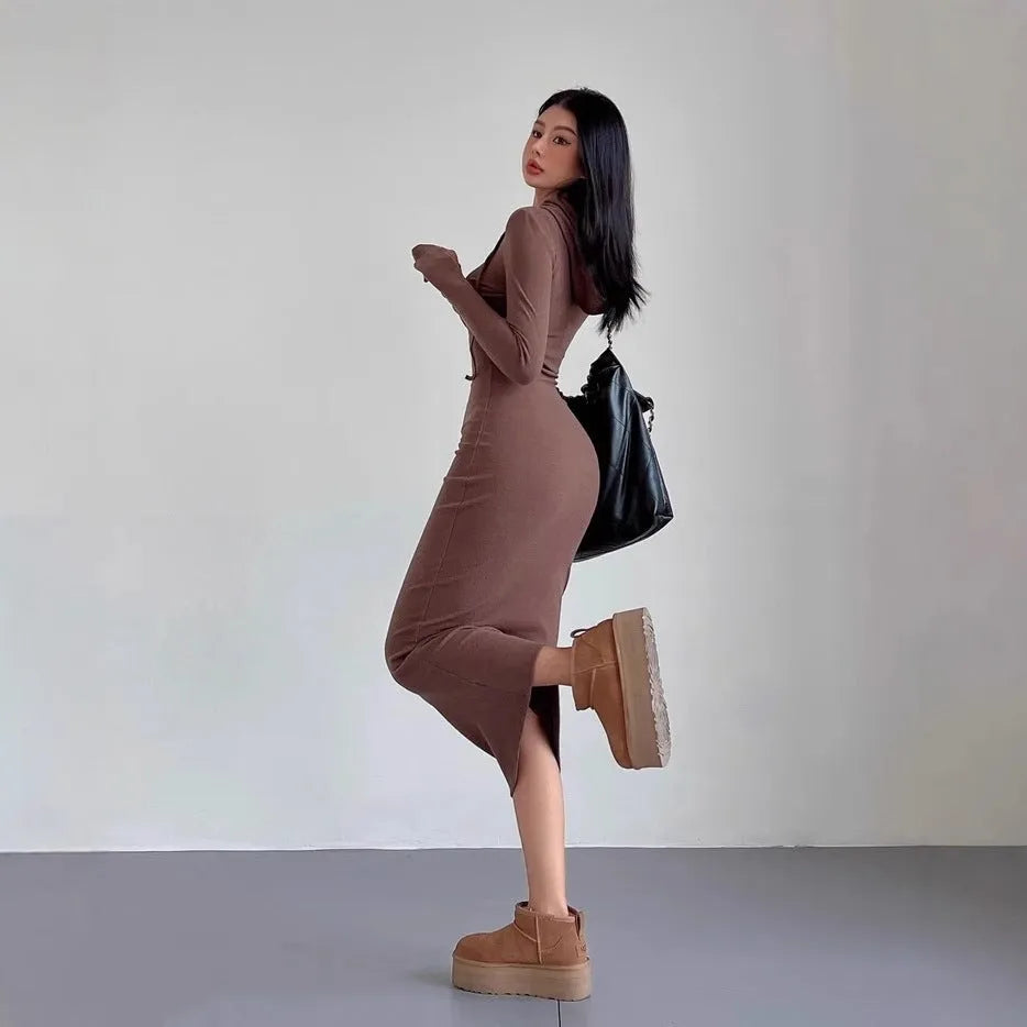 Women's grey hooded sheath dress with long sleeves and high waist design