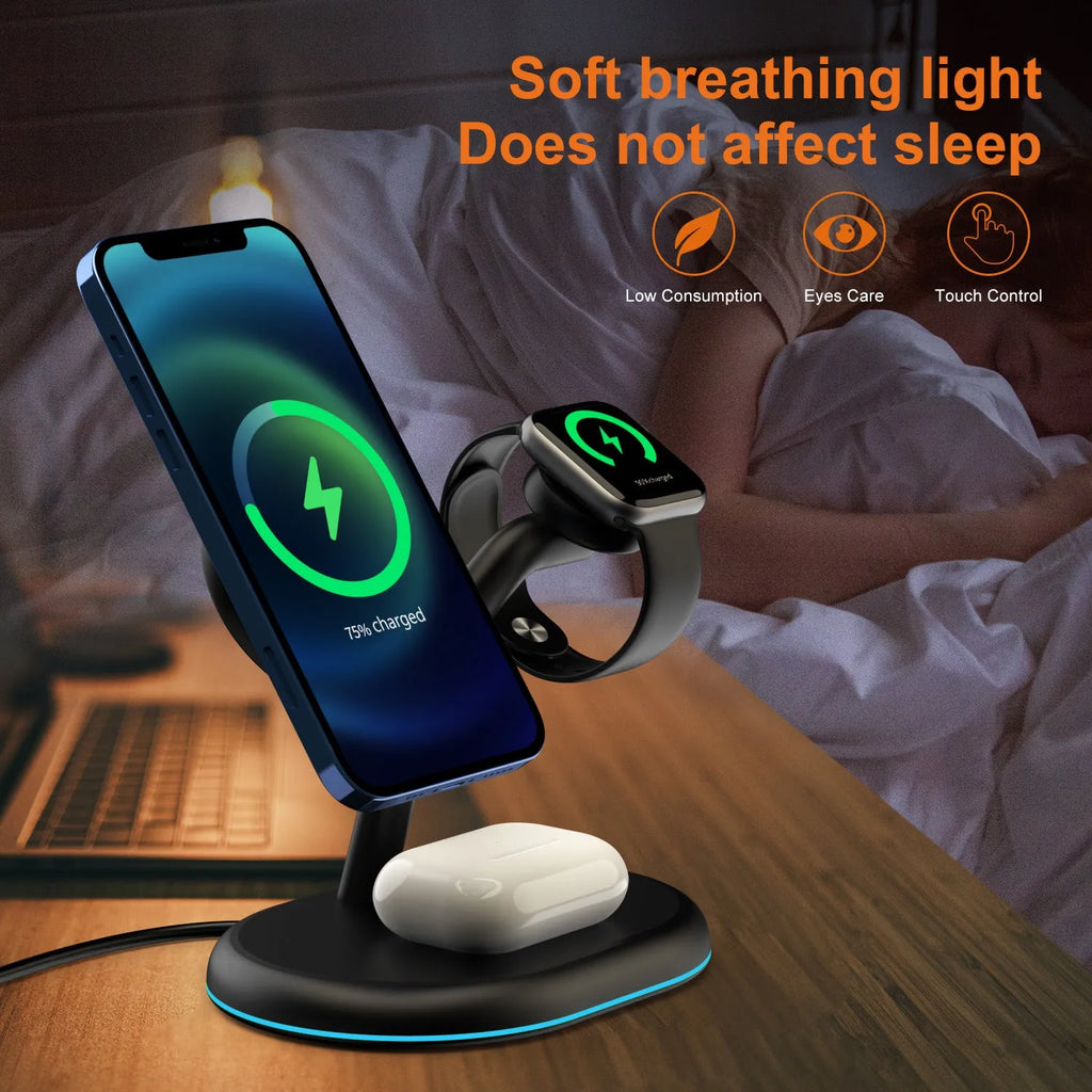 Black three-in-one magnetic wireless charger for Apple Watch, iPhone and AirPods on a desk