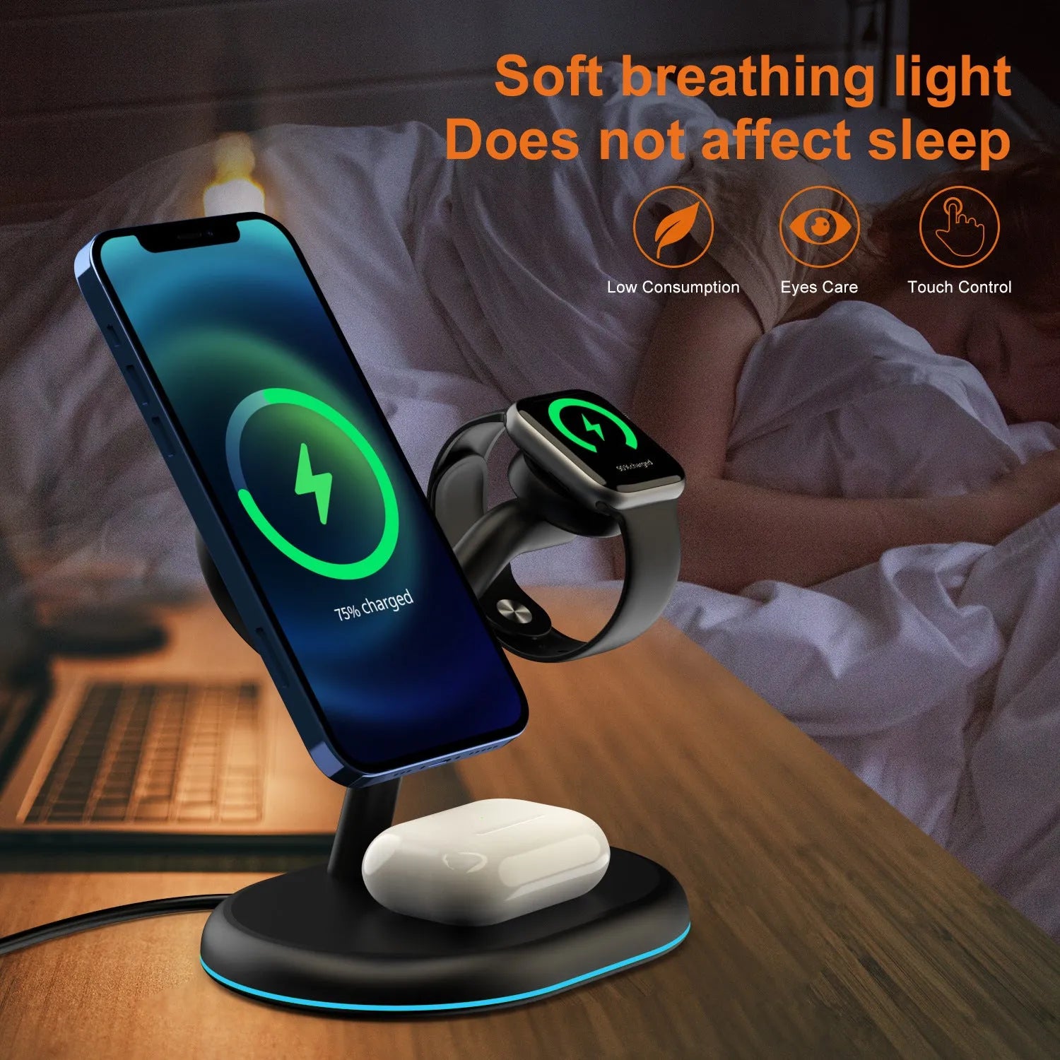 Black three-in-one magnetic wireless charger for Apple Watch, iPhone and AirPods on a desk