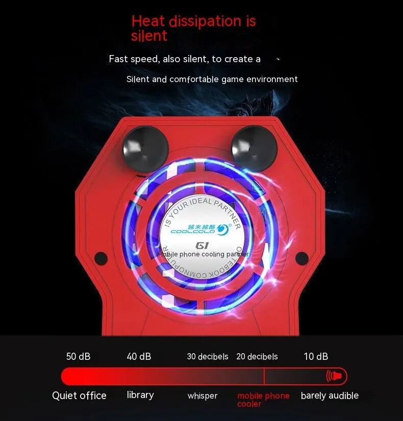 Red portable mobile phone cooling fan heat sink with USB cable on blue background