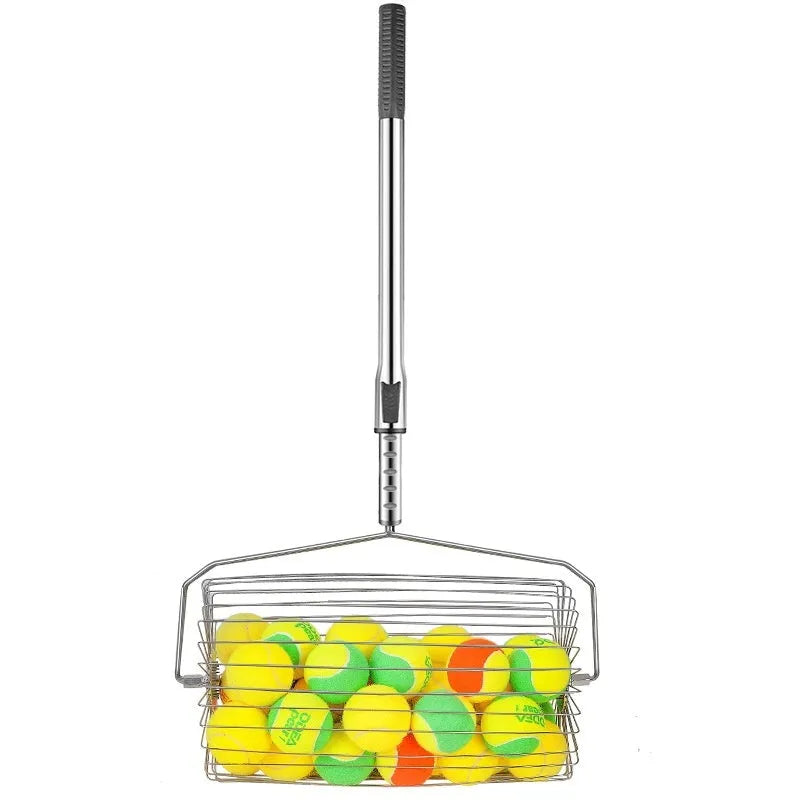 Stainless steel roller tennis ball picker with adjustable head on a court surface.