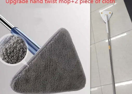 Blue and white extendable triangle cleaning mop with a rotating head on a long stainless steel pole.