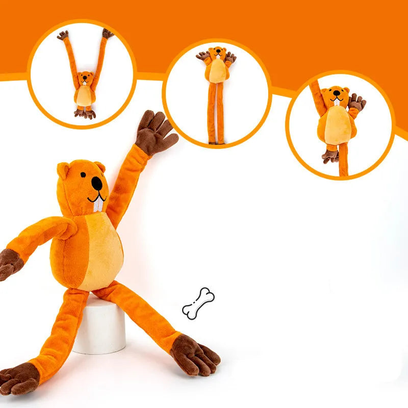 Orange plush dog toy for interactive tug-of-war, chewing and noise-making play
