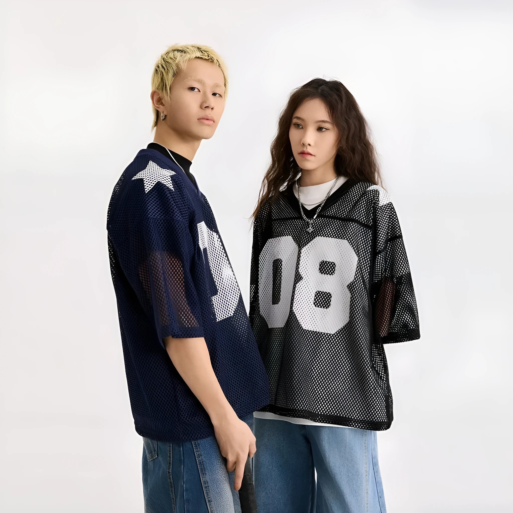 Black and navy blue loose fit short sleeve polyester shirt for men and women