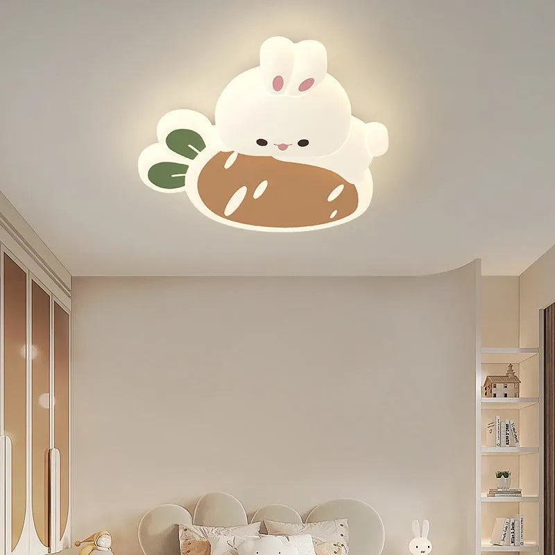 Cream children's cartoon ceiling lamp with tri-colour light, iron frame, acrylic shade, Carrot Rabbit design
