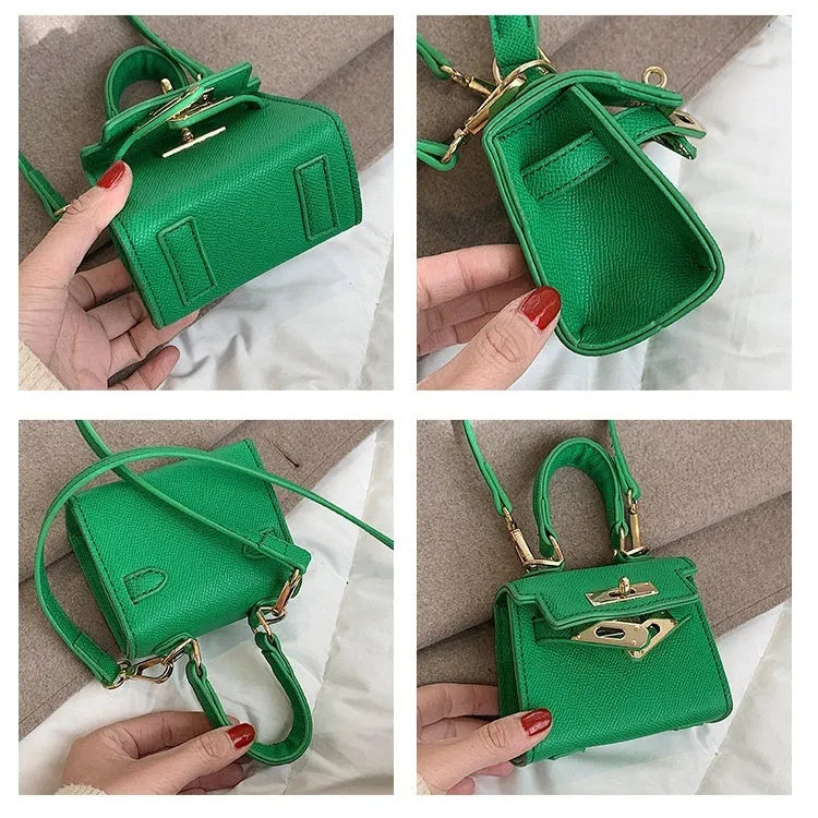 Mini one shoulder crossbody handbag, PU small square bag with lock closure, solid colour, front view