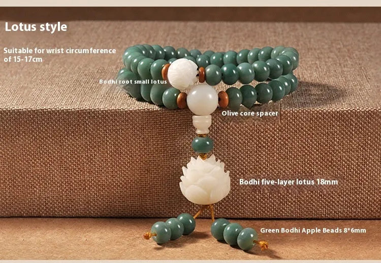 White jade green Bodhi seed bracelet with a safety buckle and lotus charm.