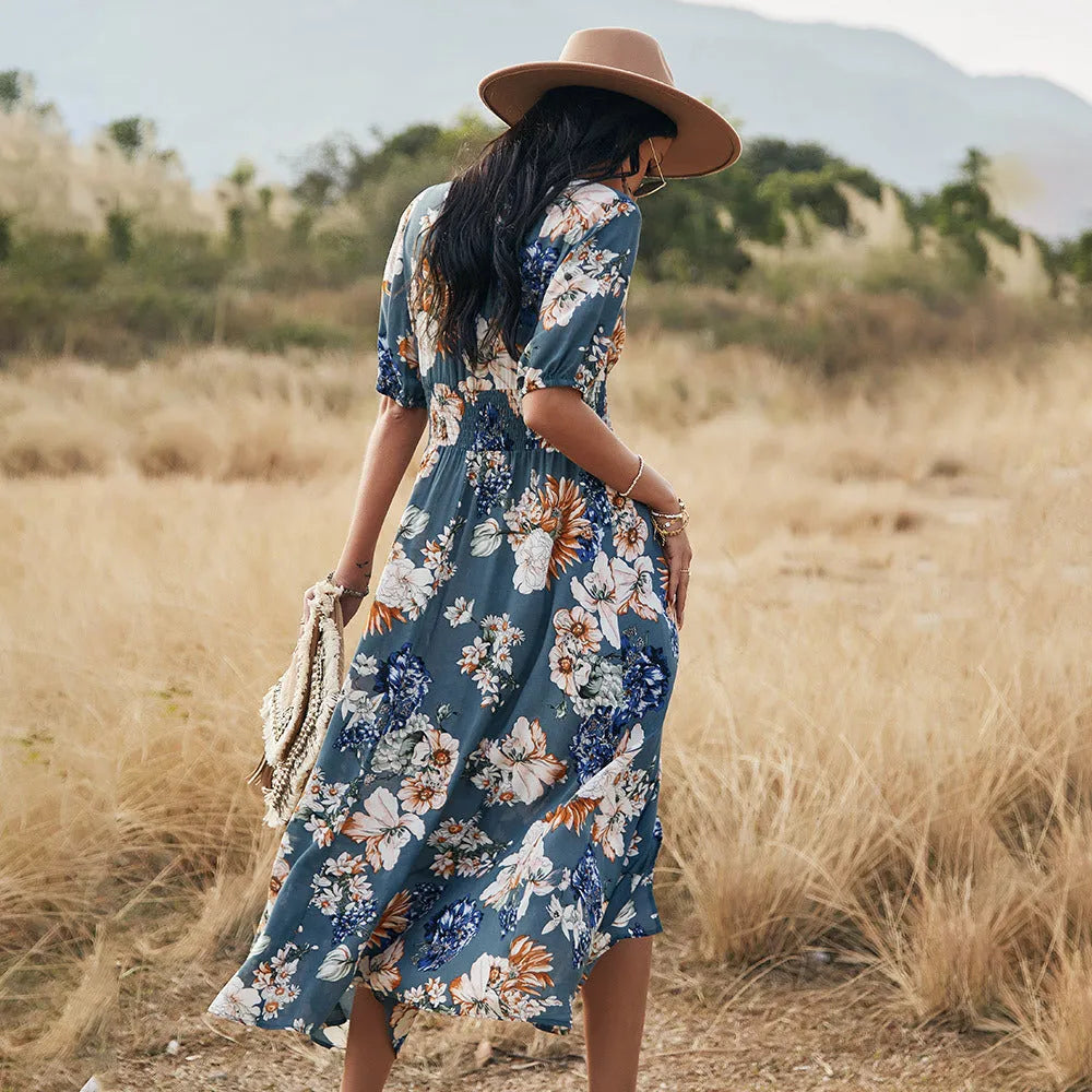 Yellow floral print women's V-neck dress with elasticated high waist and large hemline
