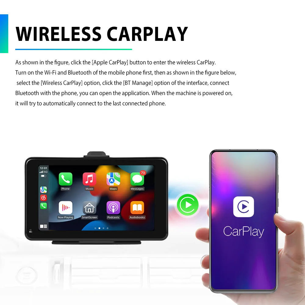 7-inch HD wired screen player with universal suction cup and vertical stand mounts on a grey background.