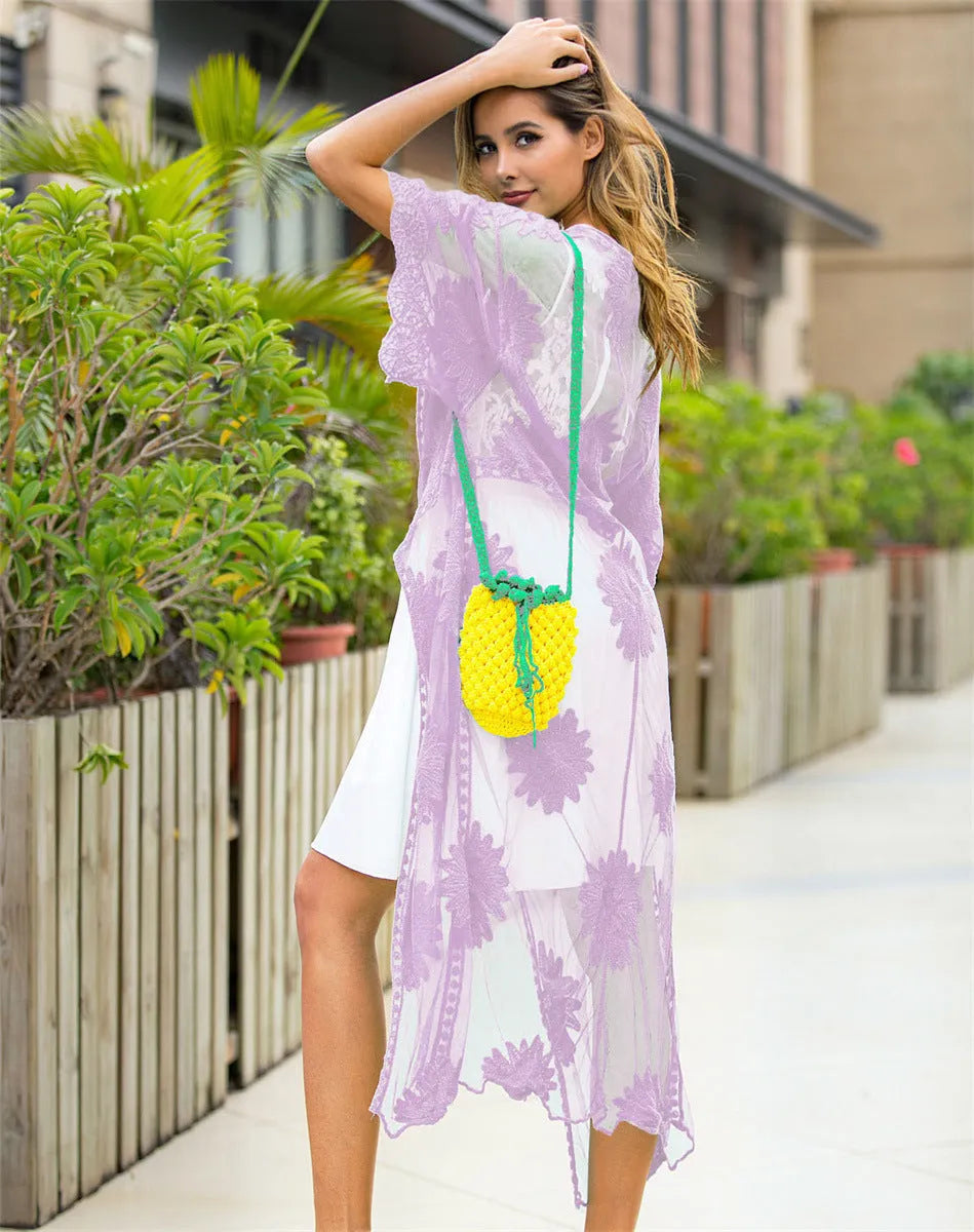 Light purple lace embroidery dress cardigan with cotton lining for beachwear
